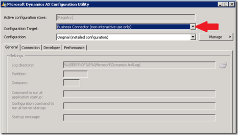 AX Client Configuration Utility dialog