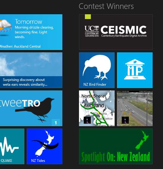 Screenshot of contest winning Windows Store apps on Windows 8 Start Screen
