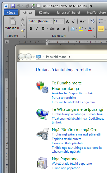 Screen shot of Windows 7 and Office 2010 with the Maori Language Pack installed