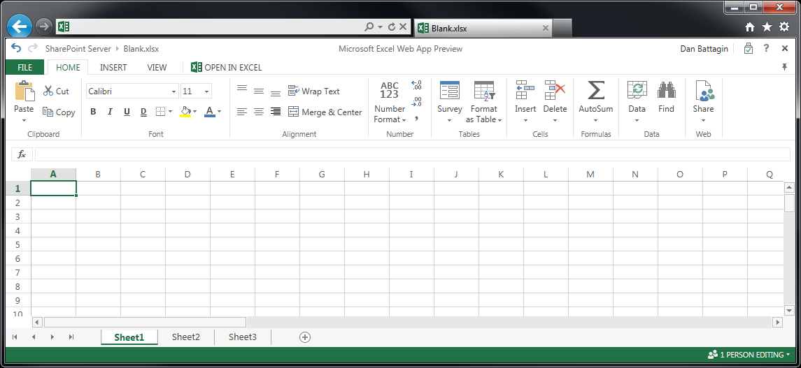 The Excel Web App (July 2012 preview) running in a web browser.