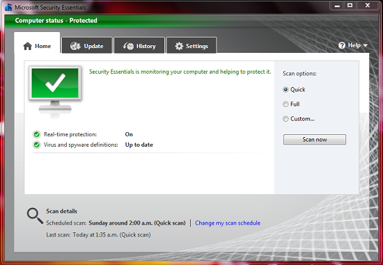 Screenshot of Microsoft Security Essentials anti-virus