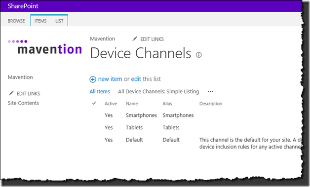 Figure 3. Device channels configured for a public-facing website built on SharePoint 2013