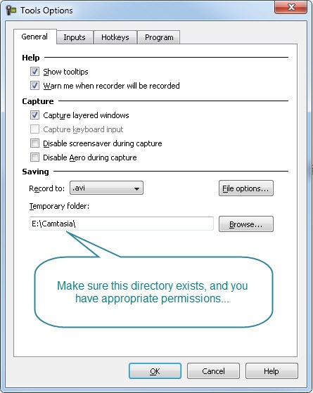 camtasia recorder tools options dialog temporary folder