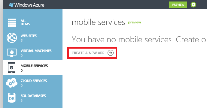 Create a new mobile service app