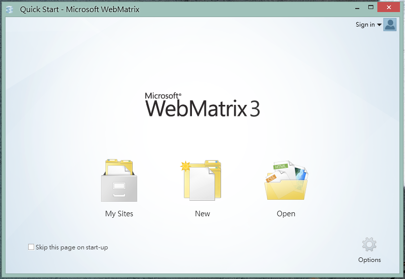 WebMatrix Start Dashboard