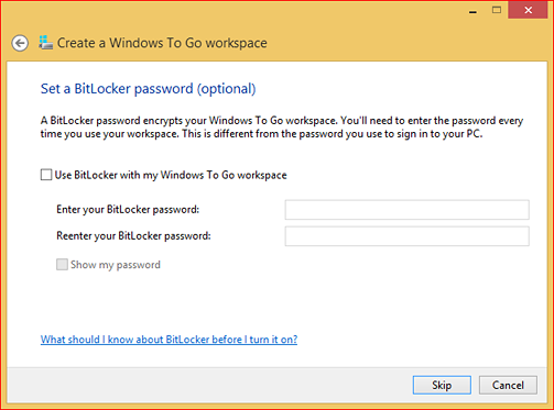 "Set a BitLocker password (optional)" screen