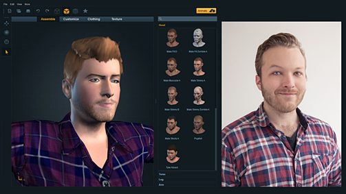 On the left is a customized 3D avatar created from the scans of the gamer on the right.