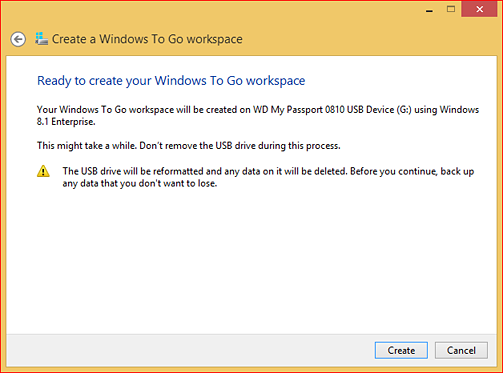 "Ready to create your Windows To Go workspace" window