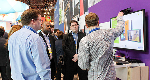 At the Microsoft booth, Justin Miller from NEC demoed their digital signage solution, which combines Kinect v2 depth tracking with NEC's demographic and facial recognition software.