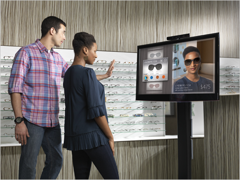 Customers can virtually try on merchandise, such as sunglasses, by using business solutions created with the new Kinect for Windows SDK 1.7. If colors, models, or sizes are not in stock, you can still see what they look like on you.