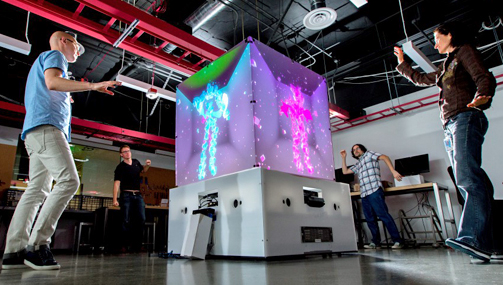 The Cube uses four Kinect v2 sensors to detect the dancers and trace their movements, integrating them into the visual experience.
