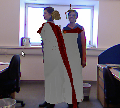 By using the Kinect sensor's body tracking capabilities, the system virtually clothes participants in Roman togas and helmets.