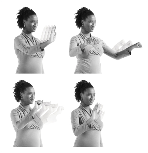 A woman demonstrates the new Kinect Interactions, which are included in the Kinect for Windows SDK 1.7: counter-clockwise from top left: “push” to select, “grab” to scroll and pan, and wave to identify primary user. Two-handed zoom (top right) is not included but can be built with this new SDK.