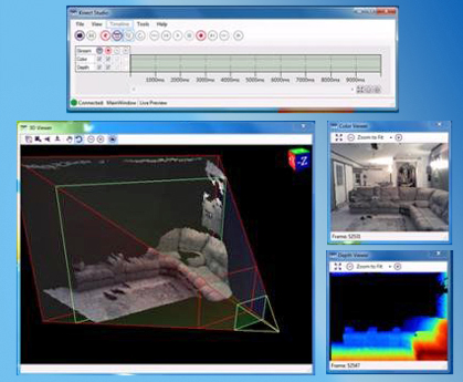 The four windows in Kinect Studio, clockwise from top: control window, color viewer, depth viewer, and 3D viewer