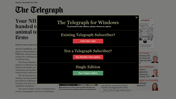 The Telegraph for Windows / Existing Telegraph Subscriber? Button: Subscriber login / Not a Telegraph subscriber? Button: Buy Monthly Subscription / Single Edition – Button: Buy Today’s Edition