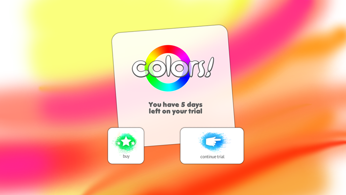 A tela do aplicativo da versão de avaliação do aplicativo Colors. Nesta tela, o usuário pode escolher se deseja continuar na versão de avaliação ou comprar o aplicativo.