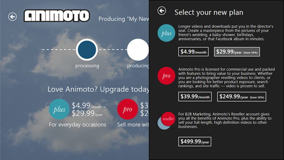 Animoto / Select your new plan / Plus - $4.99/month or $29.99/year / Pro $39.99/month or $249.99/year / Reseller $499.99/year [plus detailed descriptions of each plan]