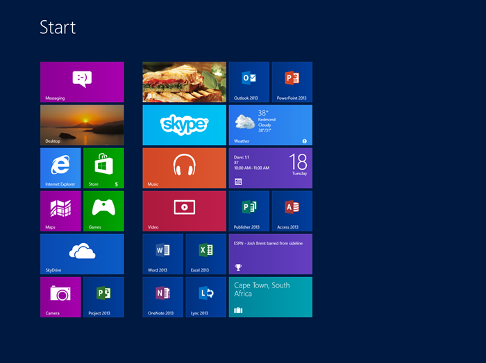 Windows 8 のスタート画面と Allrecipes のライブ タイル