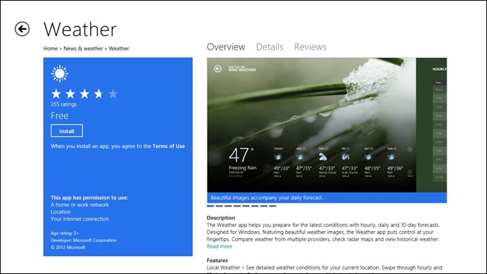 Página de detalhes do aplicativo para o aplicativo Weather, com o botão Instalar