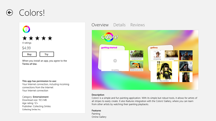 Page de description de l'application Colors