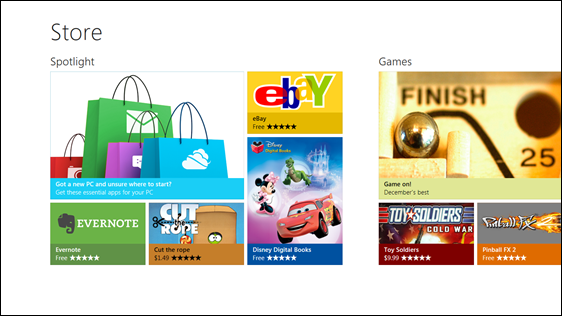 Store landing page, with Spotlight category containing 5 featured apps, and Games category cut off at right edge of screen, containing several game apps