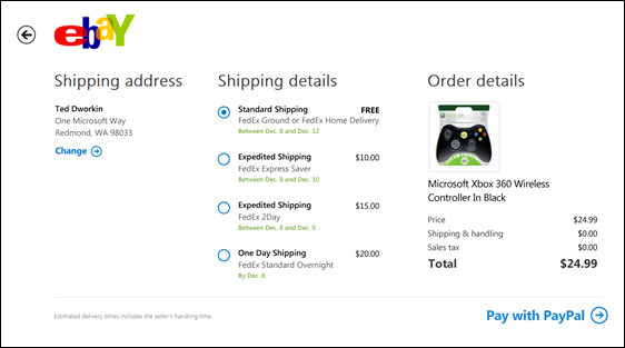 Screen shows shipping address and several options for shipping, order details, transaction amount, and a button: Pay with Pay Pal