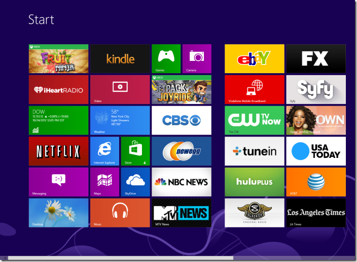 Tela inicial mostrando alguns dos vários aplicativos disponíveis na Windows Store.