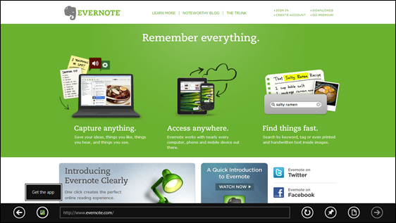 Evernote web page shown in IE10 browser. App button appears at bottom of page next to address bar, with a tooltip “Get the app”.