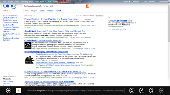 Bing search results for the terms “fashion photography conde nast” include “Conde Nast Collection app for Windows”