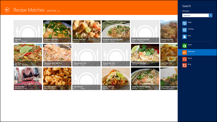 Using the Search charm with the Allrecipes app.
