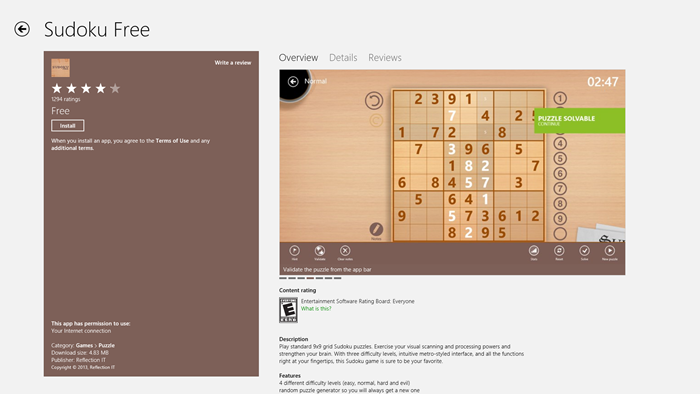 Снимок экрана приложения Sudoku Free