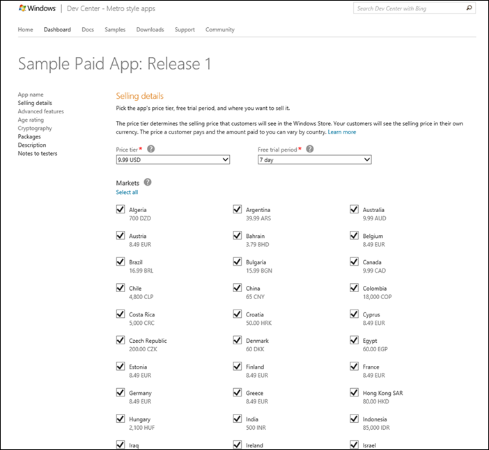 Captura de tela mostrando a página do dashboard da Windows Store em que você define a faixa de preço do aplicativo'.