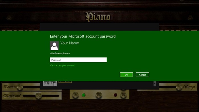 [Enter your Microsoft account password.]（请输入您的 Microsoft 帐户密码。）[OK/Cancel]（确定/取消）