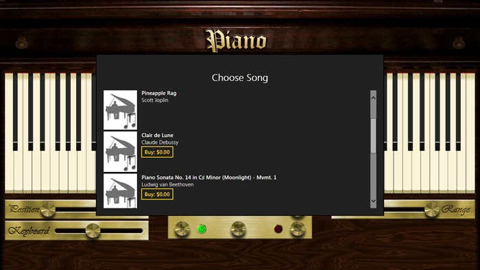 Application de piano présentant une boîte de dialogue proposant des morceaux supplémentaires disponibles à l'achat
