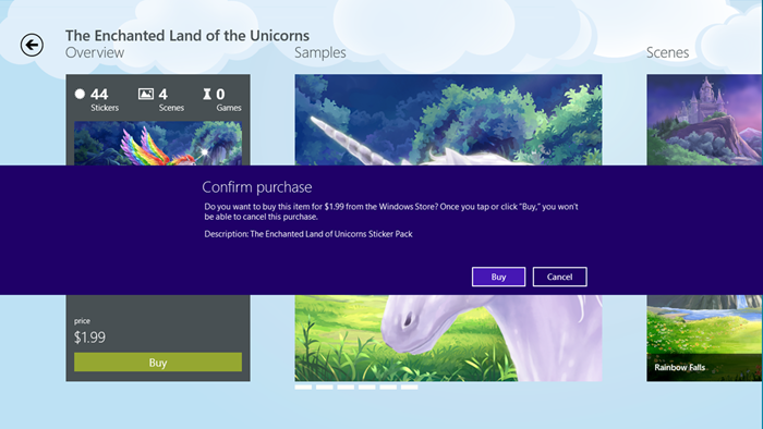 Um exemplo de como o Windows 8 exibe a tela de confirmação antes que seja feita a compra no aplicativo.