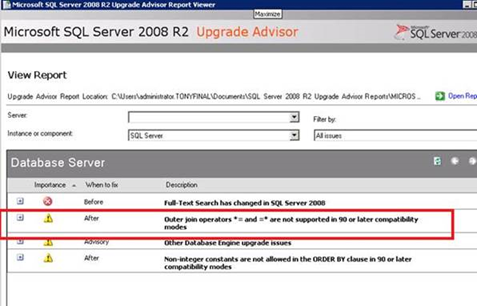 SQL Server 2008 R2 Upgrade Advisor results
