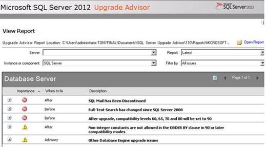 SQL Server 2012 Upgrade Advisor output