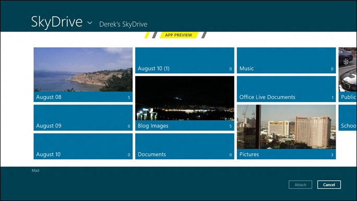 사용자가 SkyDrive 앱의 파일을 선택할 수 있는 선택기가 실행되는 모습