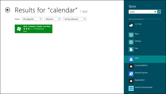 Приложение "Магазин" показано с результатами поиска для слова "calendar" (календарь). Открыта панель поиска, и пользователь вводит новый запрос поиска.