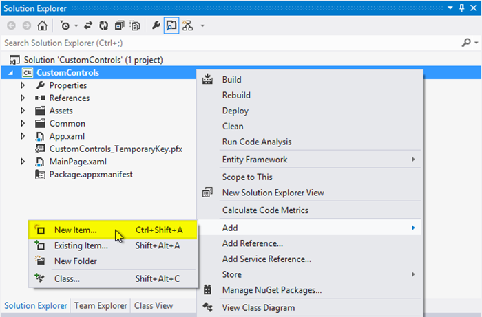 O Visual Studio inclui um modelo de item para um controle modelo. Clique com o botão direito do mouse no projeto e selecione Adicionar -> Novo Item