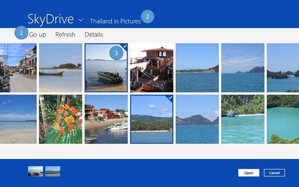 파일 열기 선택기 계약을 구현하는 SkyDrive 앱의 사용자 인터페이스 개요