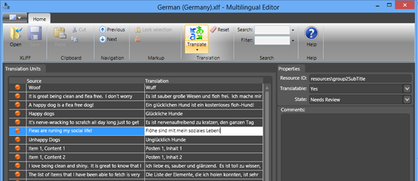 Select a string and click the Translate button to use the Microsoft Translator service