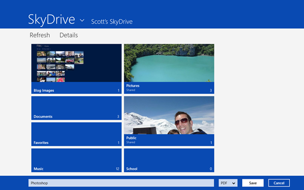 The SkyDrive app hosted within the file picker for the File Save Picker contract