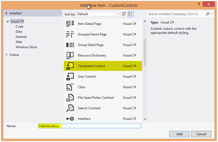 The templated control item template creates the files and some skeleton code to get your custom control started