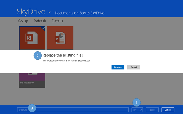 实施了文件保存选取器合约的 SkyDrive 应用程序 UX 概览