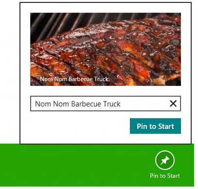 Nom Nom Barbecue Truck の画像と [Pin to Start] (スタート画面にピン留めする) というボタンが表示されたポップアップ
