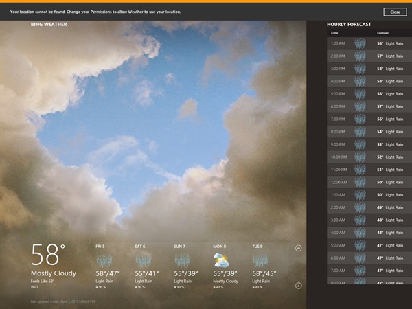 位置情報を使用して現在地の天気を取得する Bing 天気アプリ