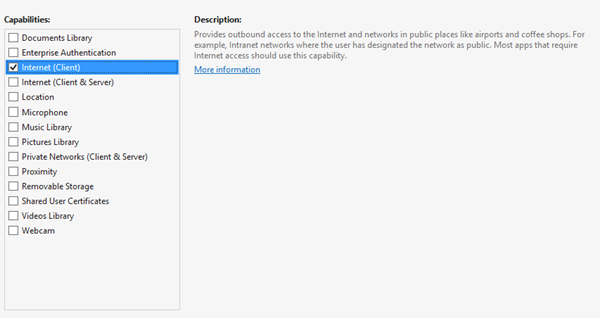 在 Visual Studio 2012 中选择您应用的 package.appxmanifest 内的网络功能