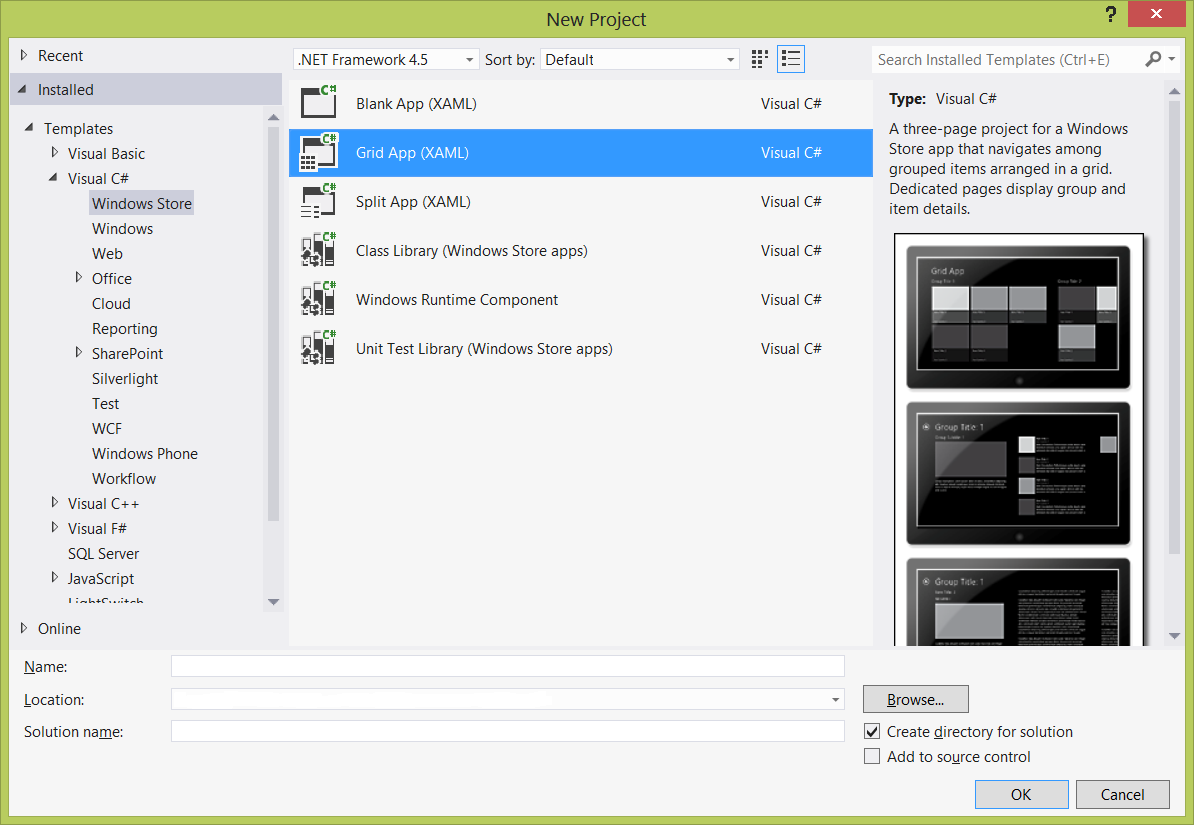 Select the Grid App (XAML) project template in Visual Studio 2012