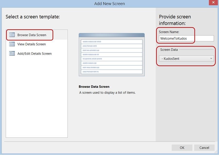 Figure 13. Create a screen by choosing a screen template